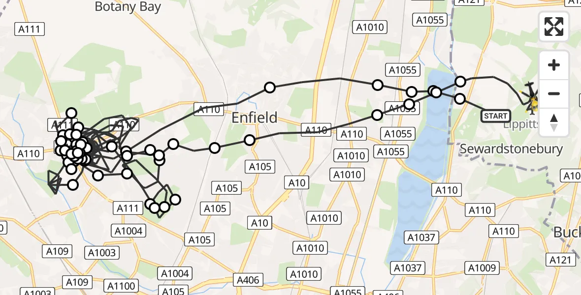 Flight route Police Helicopter Chingford - Sewardstonebury, 09 May 2026, 04:46