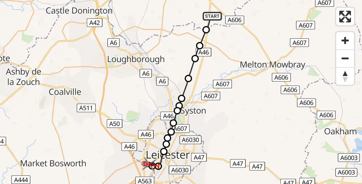 Flight route Air Ambulance Helicopter Rushcliffe - Braunstone, 09 May 2026, 05:51