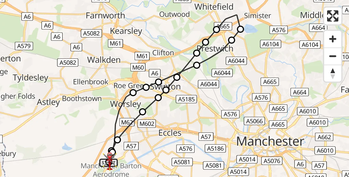 Flight route Air Ambulance Helicopter Manchester Barton Aerodrome - Manchester Barton Aerodrome, 09 May 2026, 06:42