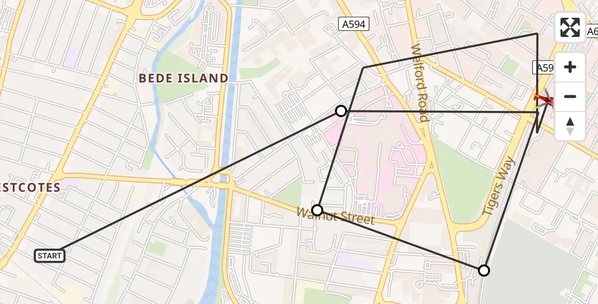 Flight route Air Ambulance Helicopter Westcotes - Bede Island, 09 May 2026, 06:47