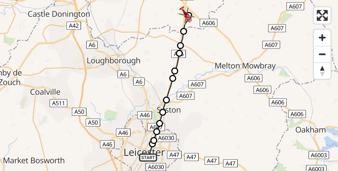 Flight route Air Ambulance Helicopter Highfields - Nottingham Heliport, 09 May 2026, 07:10