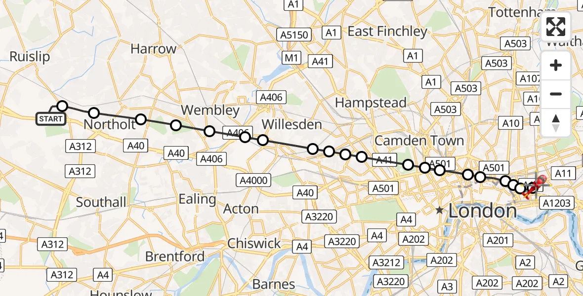 Flight route Air Ambulance Helicopter RAF Northolt - Royal London Hospital, 09 May 2026, 07:12