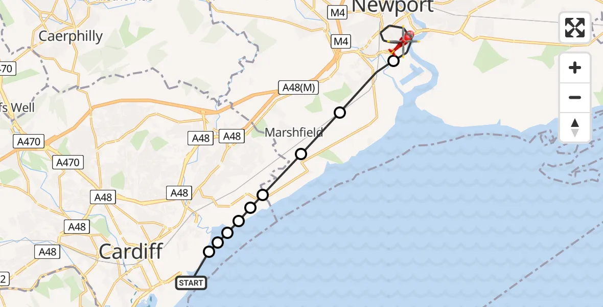 Flight route Air Ambulance Helicopter Cardiff Heliport - Pillgwenlly, 09 May 2026, 07:55