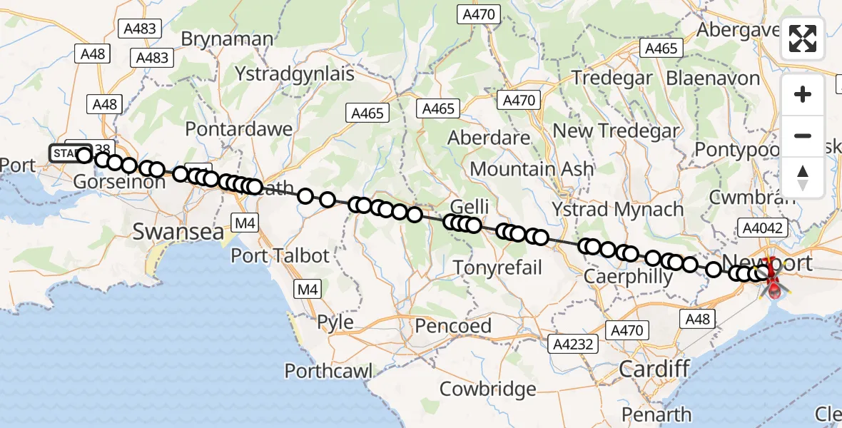 Flight route Air Ambulance Helicopter Dafen - Pillgwenlly, 09 May 2026, 07:57