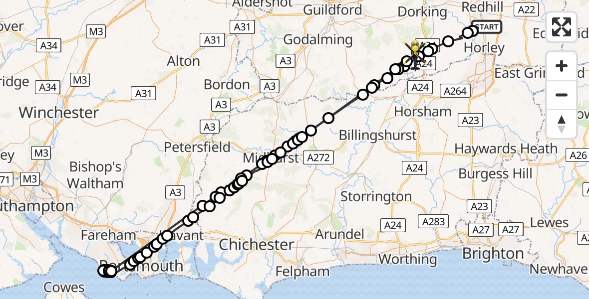 Flight route Police Helicopter Salfords - Ockley, 09 May 2026, 08:06