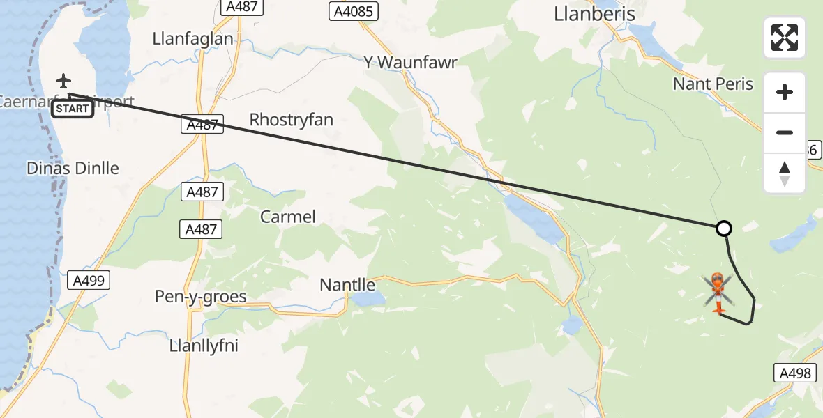 Flight route Coastguard Helicopter Caernarfon Airport - Beddgelert, 09 May 2026, 08:14