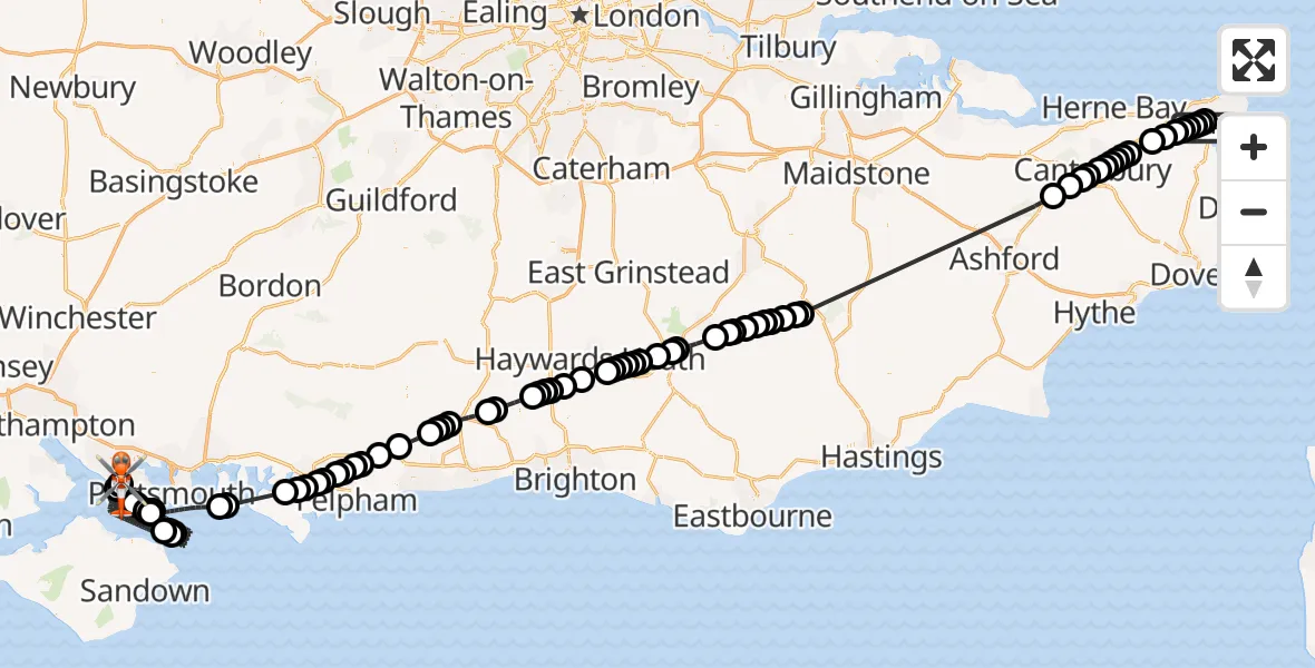 Flight route Coastguard Helicopter Manston Airport - Solent Airport, 09 May 2026, 08:14