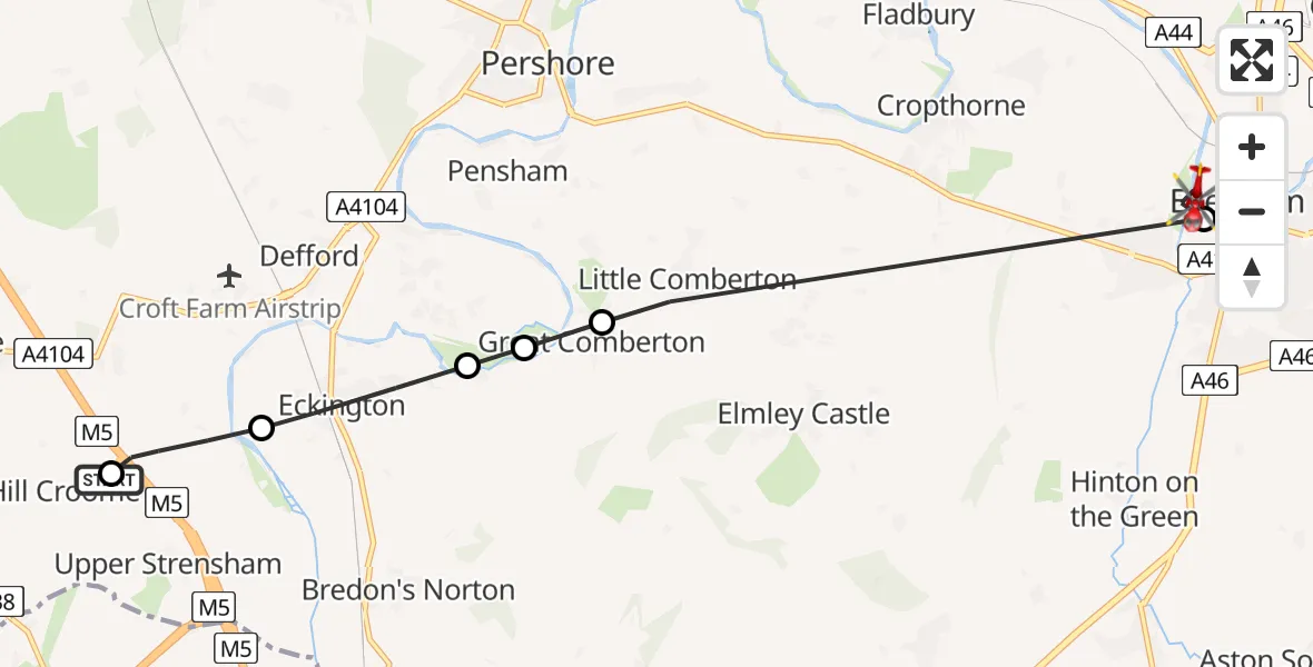 Flight route Air Ambulance Helicopter Hill Croome - Evesham, 09 May 2026, 08:50