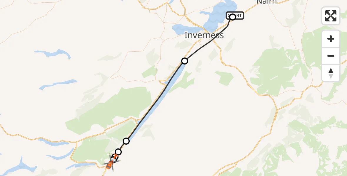 Flight route Coastguard Helicopter Inverness Airport - Aberchalder, 09 May 2026, 08:51