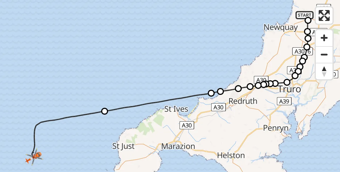 Flight route Coastguard Helicopter Cornwall Airport Newquay - North Atlantic Ocean, 09 May 2026, 08:56