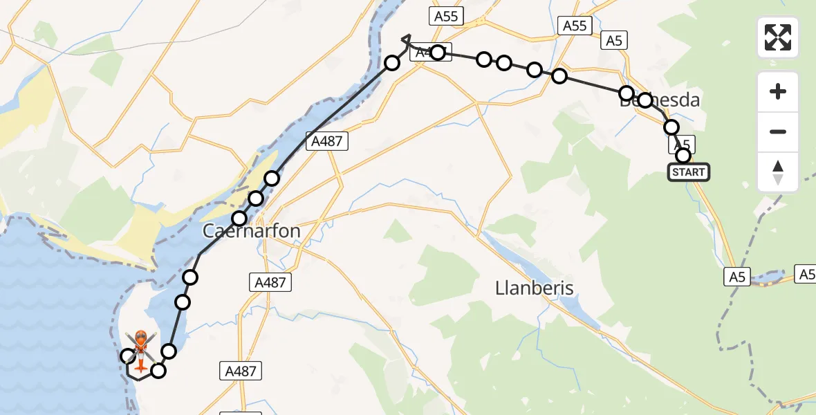 Flight route Coastguard Helicopter Braichmelyn - Caernarfon Airport, 09 May 2026, 09:05