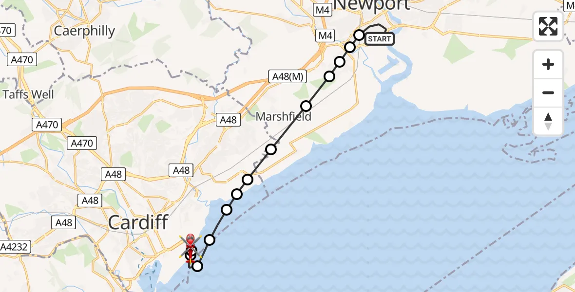 Flight route Air Ambulance Helicopter Pillgwenlly - Cardiff Heliport, 09 May 2026, 09:16