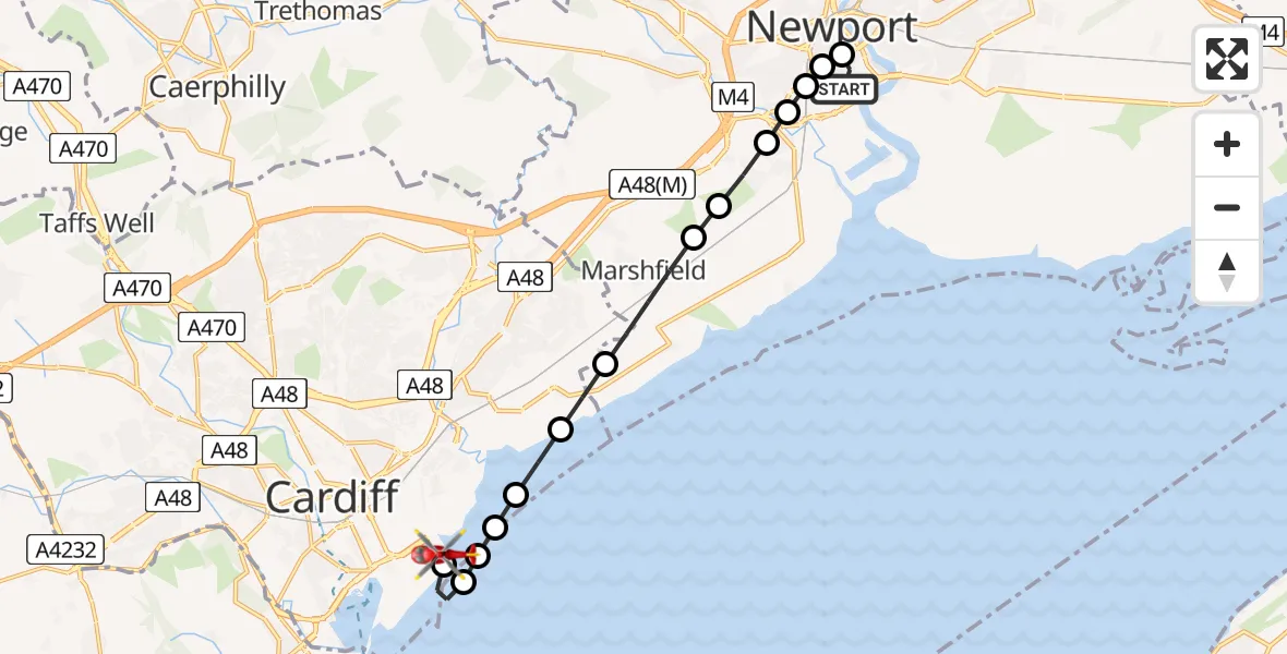 Flight route Air Ambulance Helicopter Pillgwenlly - Cardiff Heliport, 09 May 2026, 09:19