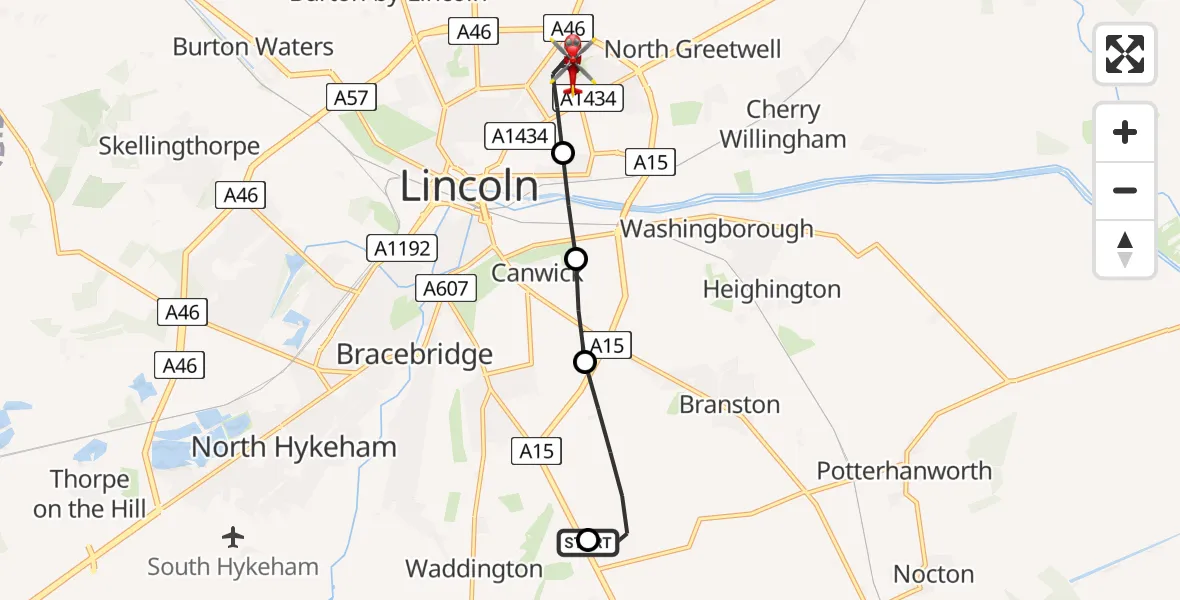 Flight route Air Ambulance Helicopter RAF Waddington - Lincoln, 09 May 2026, 09:36