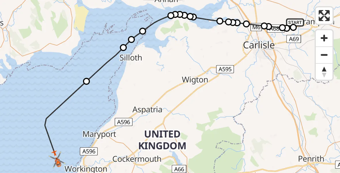 Flight route Coastguard Helicopter Carlisle Lake District Airport - Irish Sea, 09 May 2026, 09:37