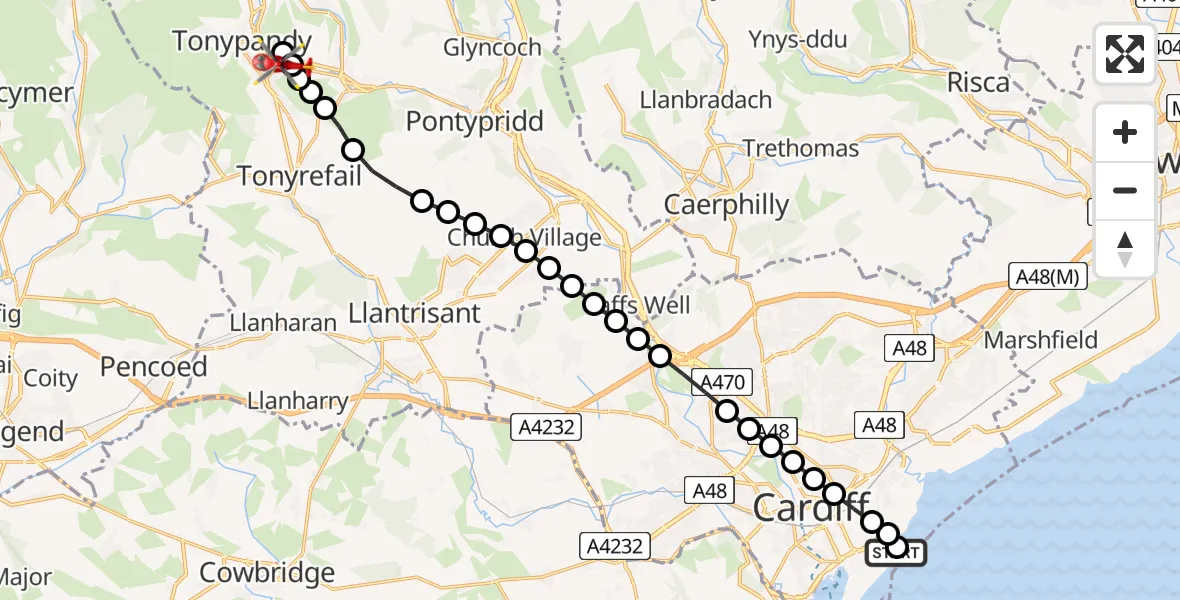 Flight route Air Ambulance Helicopter Cardiff Heliport - Tonypandy, 09 May 2026, 09:41