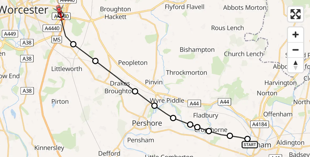 Flight route Air Ambulance Helicopter Evesham - Worcester, 09 May 2026, 09:41