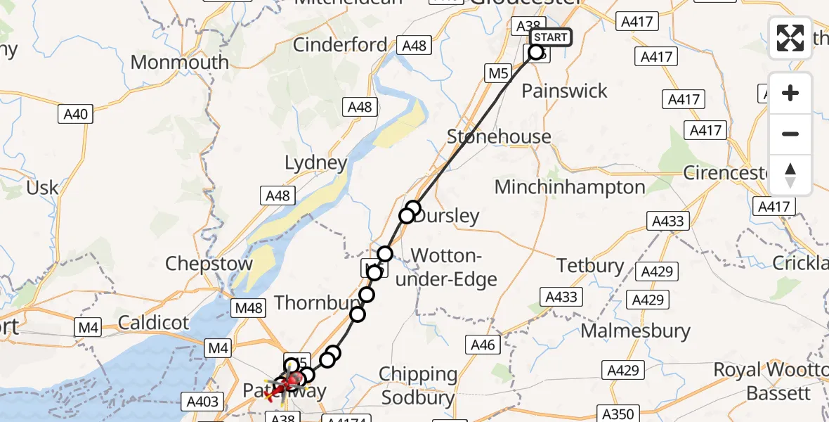 Flight route Air Ambulance Helicopter Gloucester - Almondsbury, 09 May 2026, 09:51