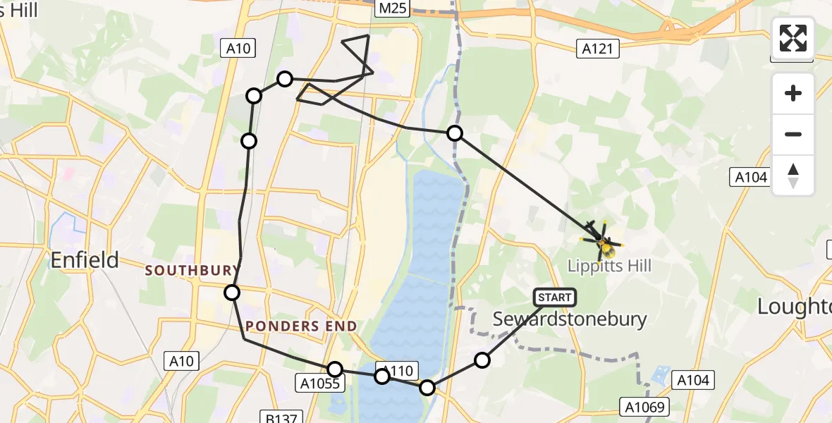 Flight route Police Helicopter Sewardstonebury - Metropolitan Police Air Support Unit Lippitts Hill, 09 May 2026, 09:57