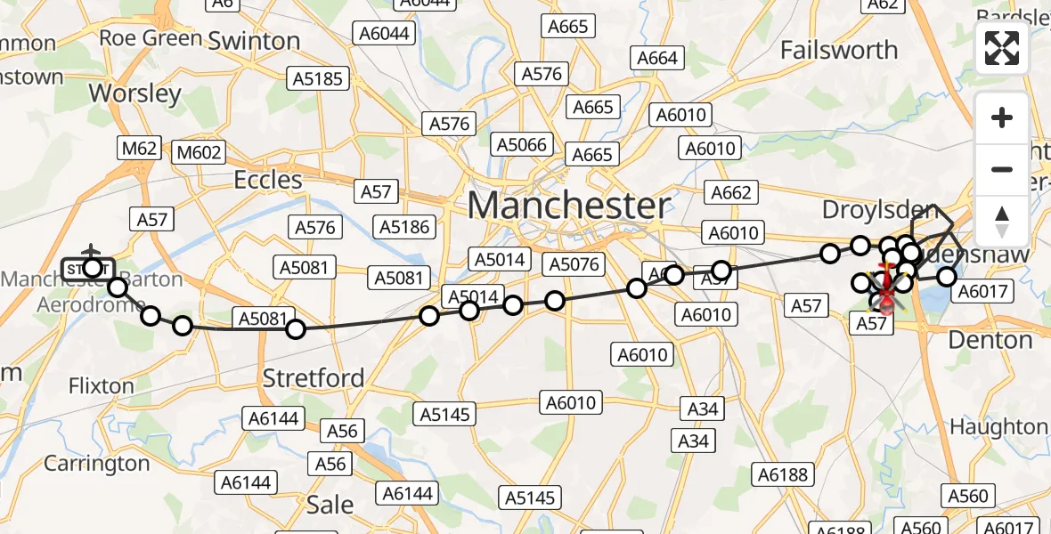 Flight route Air Ambulance Helicopter Manchester Barton Aerodrome - Droylsden, 09 May 2026, 10:03