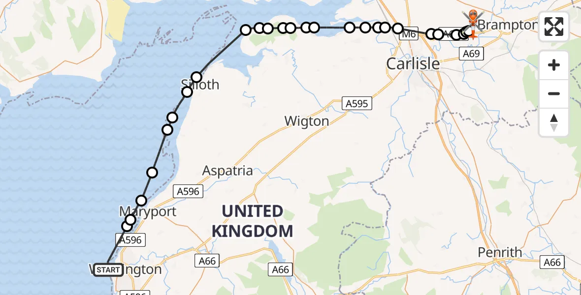 Flight route Coastguard Helicopter Workington - Carlisle Lake District Airport, 09 May 2026, 10:13