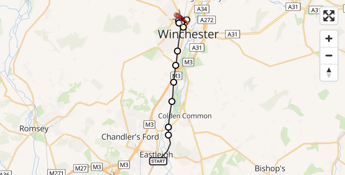 Flight route Air Ambulance Helicopter Eastleigh - Littleton, 09 May 2026, 10:17
