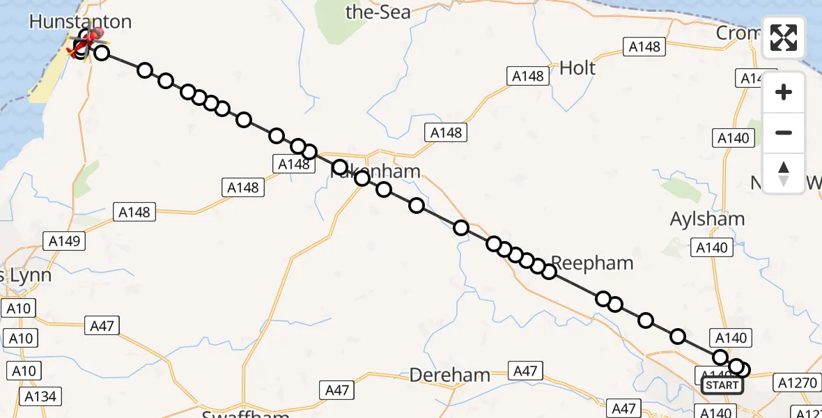 Flight route Air Ambulance Helicopter Norwich Airport - Heacham, 09 May 2026, 10:19
