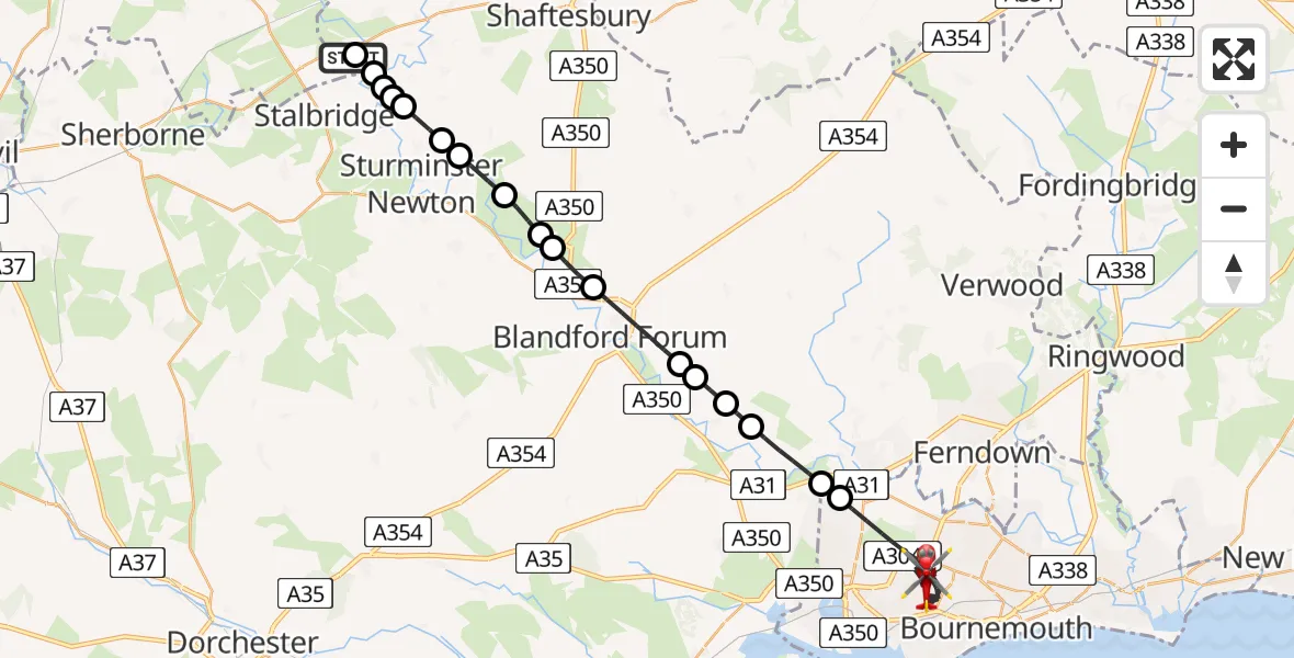 Flight route Air Ambulance Helicopter Henstridge Airfield - Poole, 09 May 2026, 10:26