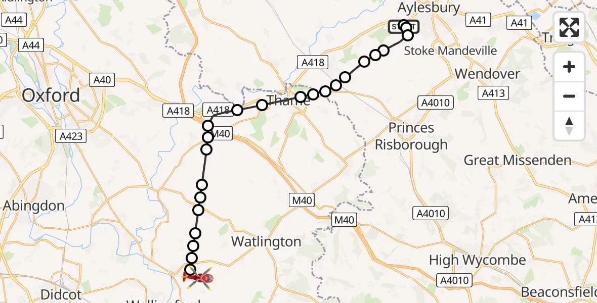 Flight route Air Ambulance Helicopter Stone with Bishopstone and Hartwell - RAF Benson, 09 May 2026, 10:36