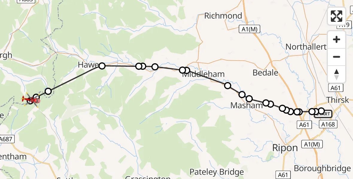 Flight route Air Ambulance Helicopter RAF Topcliffe - Dent, 09 May 2026, 10:41