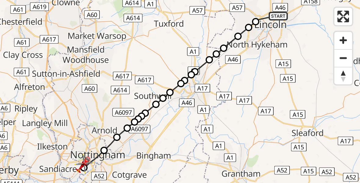 Flight route Air Ambulance Helicopter Lincoln - Beeston, 09 May 2026, 10:48