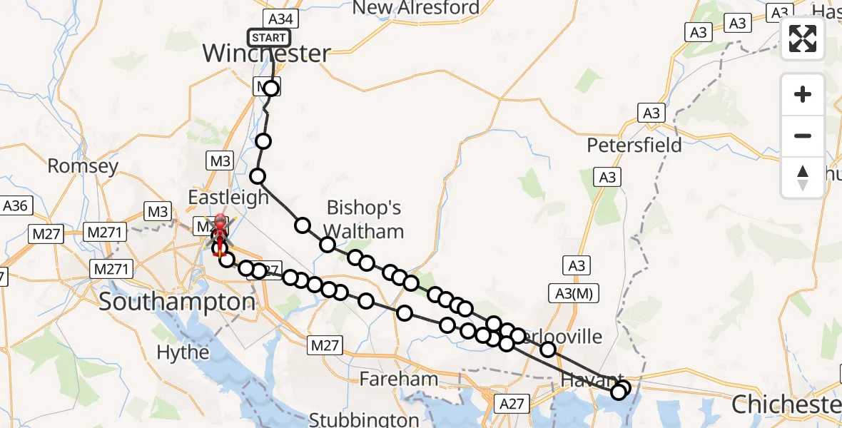 Flight route Air Ambulance Helicopter Winchester - Southampton Airport, 09 May 2026, 10:58