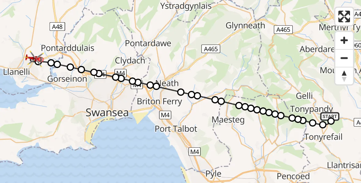 Flight route Air Ambulance Helicopter Porth - Dafen, 09 May 2026, 11:03