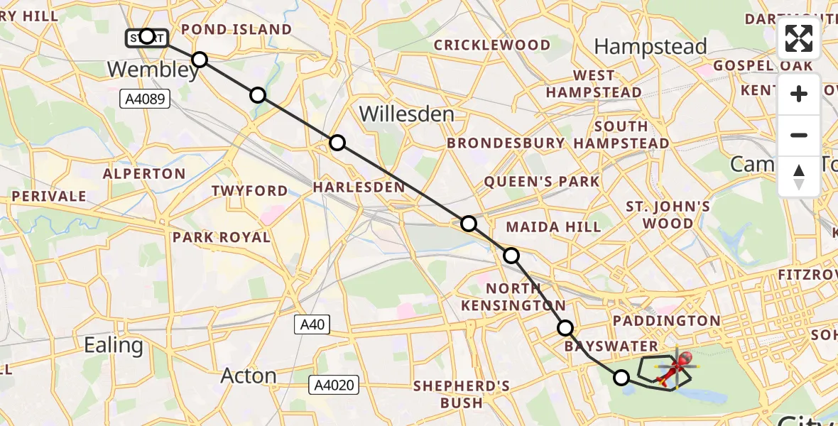 Flight route Air Ambulance Helicopter Sudbury - City of Westminster, 09 May 2026, 11:06