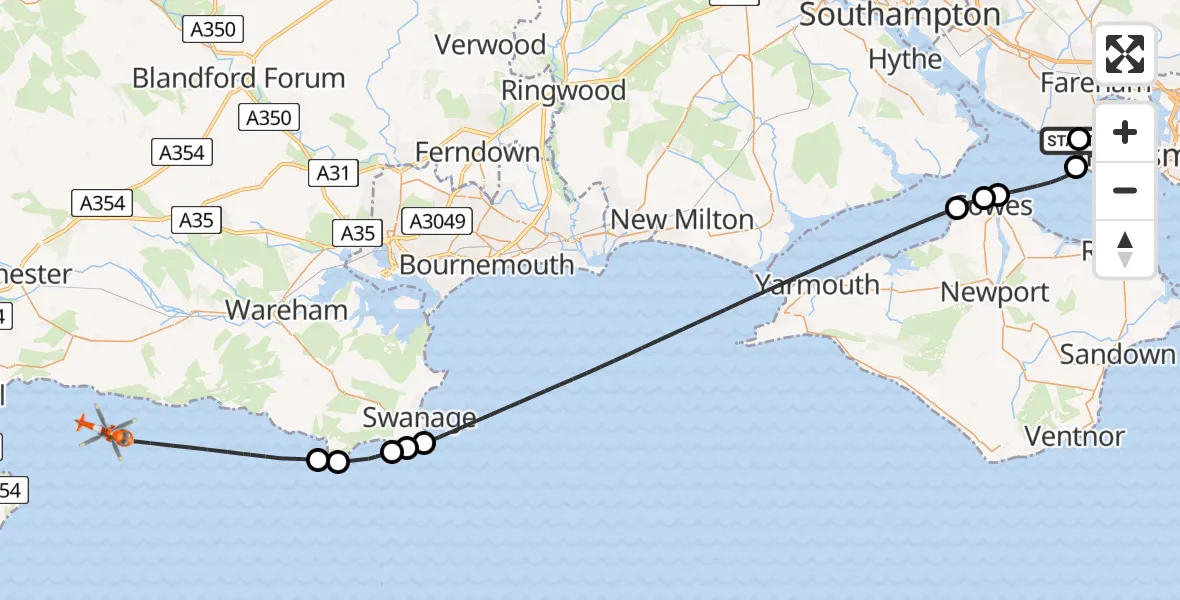Flight route Coastguard Helicopter Solent Airport - English Channel, 09 May 2026, 11:09