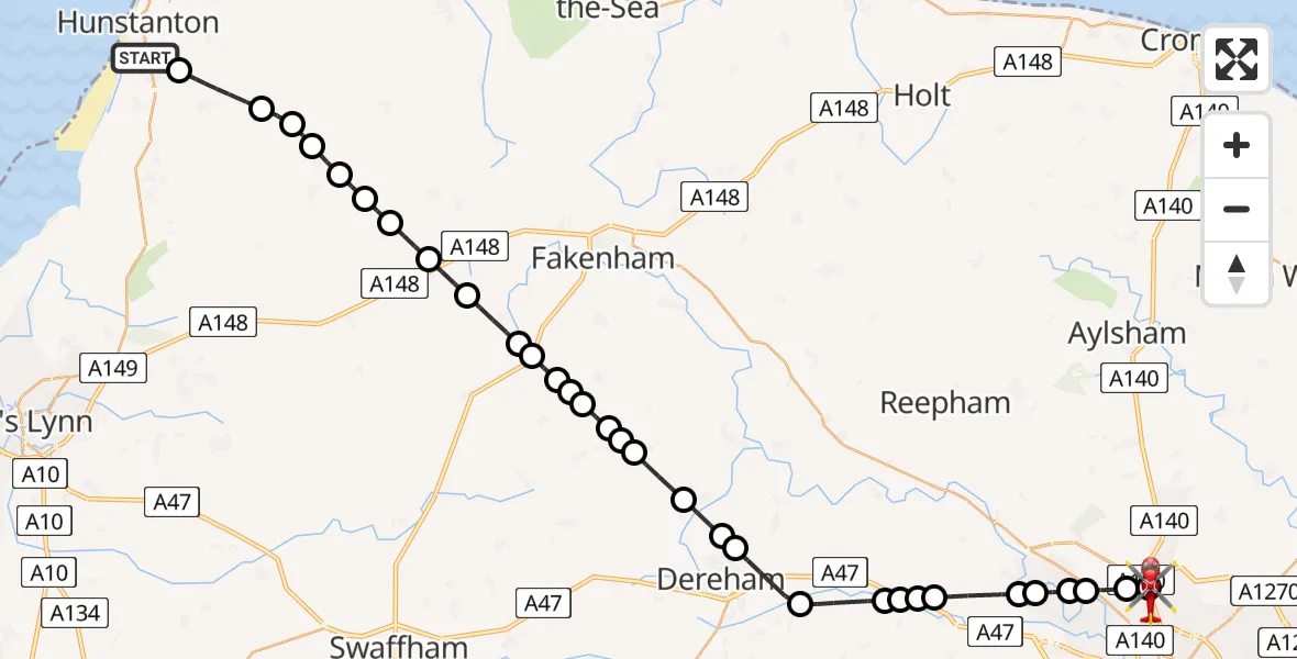 Flight route Air Ambulance Helicopter Heacham - Norwich Airport, 09 May 2026, 11:12