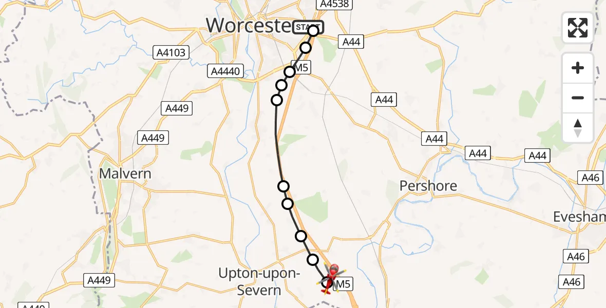 Flight route Air Ambulance Helicopter Worcester Royal Hospital - Upper Strensham, 09 May 2026, 11:16