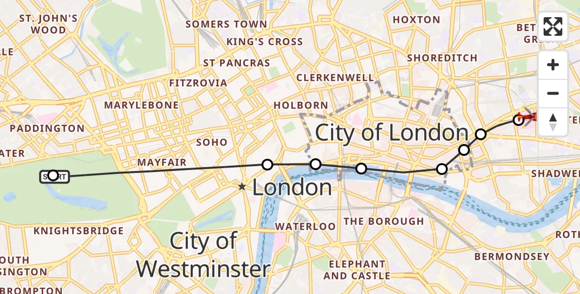 Flight route Air Ambulance Helicopter City of Westminster - Royal London Hospital, 09 May 2026, 11:20