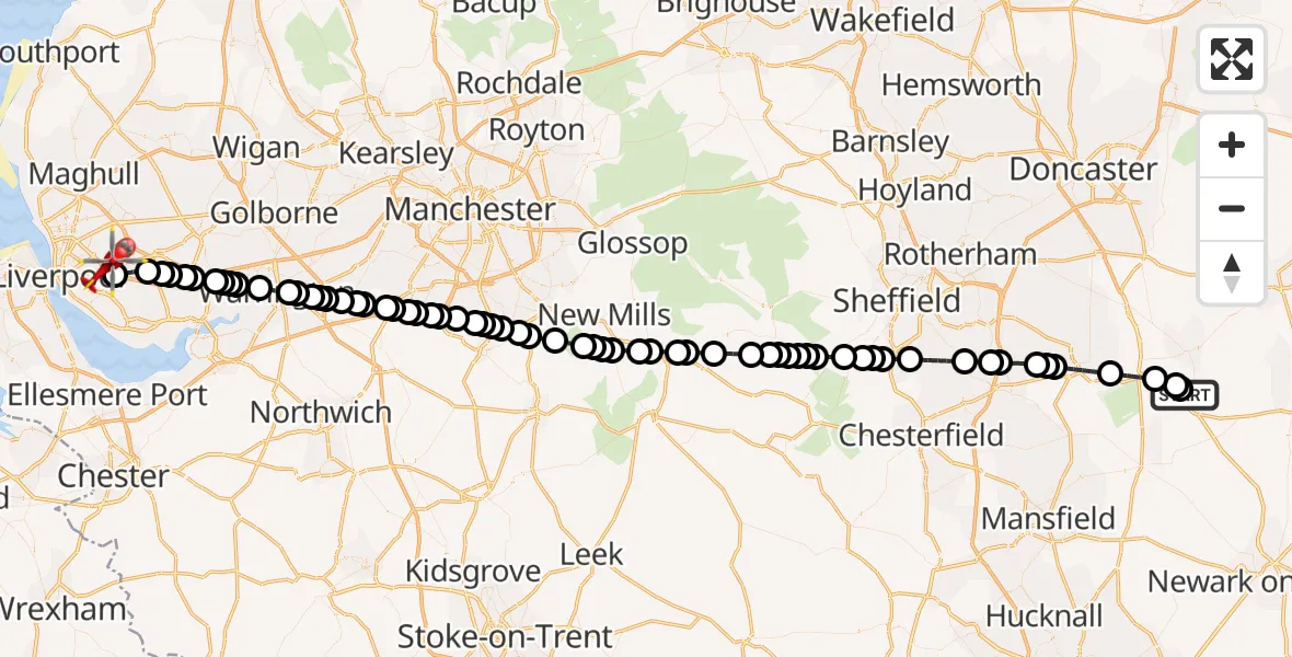 Flight route Air Ambulance Helicopter Retford Gamston Airport - Knotty Ash, 09 May 2026, 11:24