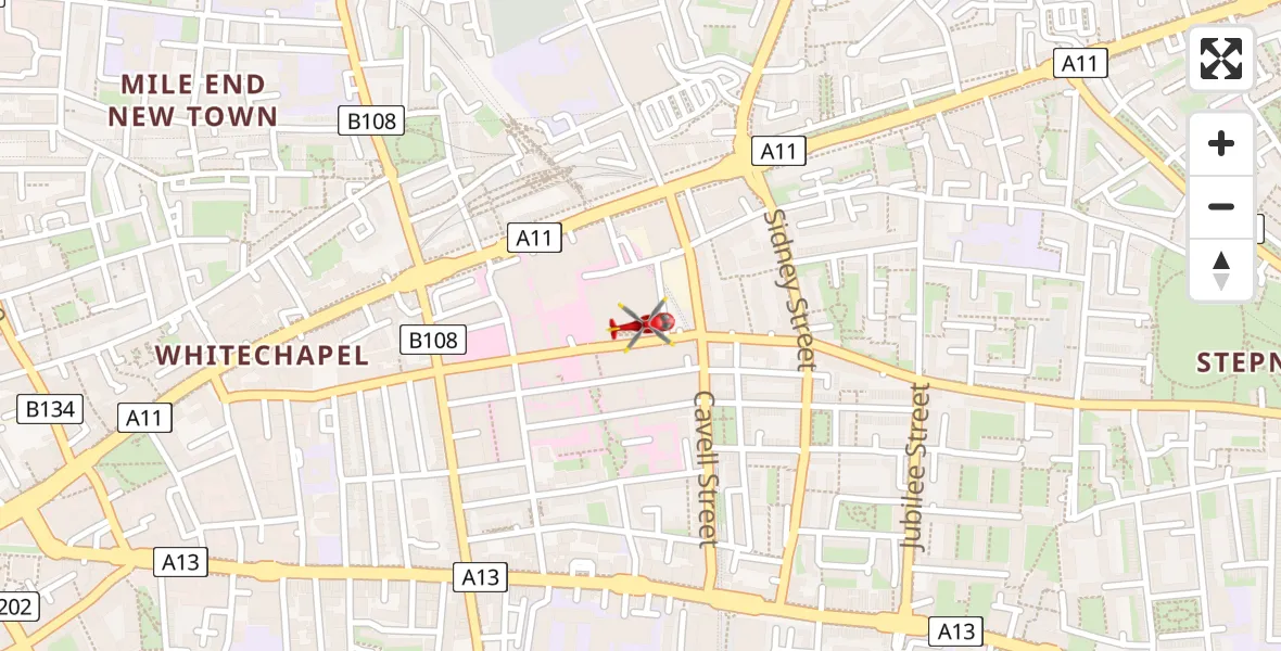 Flight route Air Ambulance Helicopter Royal London Hospital - Royal London Hospital, 09 May 2026, 11:26