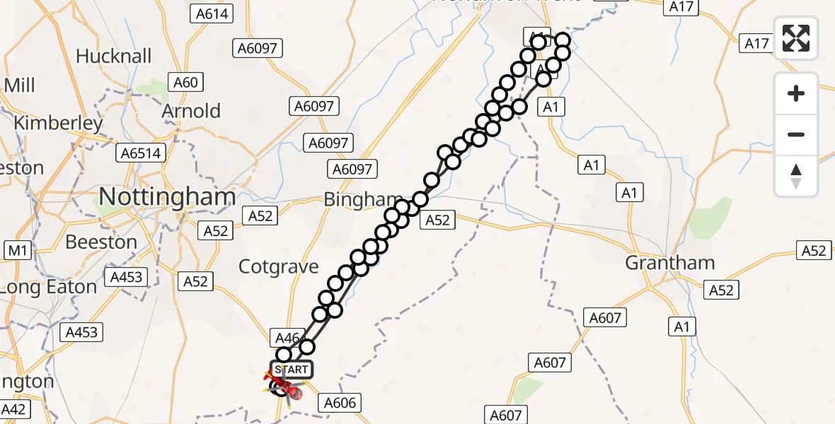 Flight route Air Ambulance Helicopter Hickling - Nottingham Heliport, 09 May 2026, 11:27