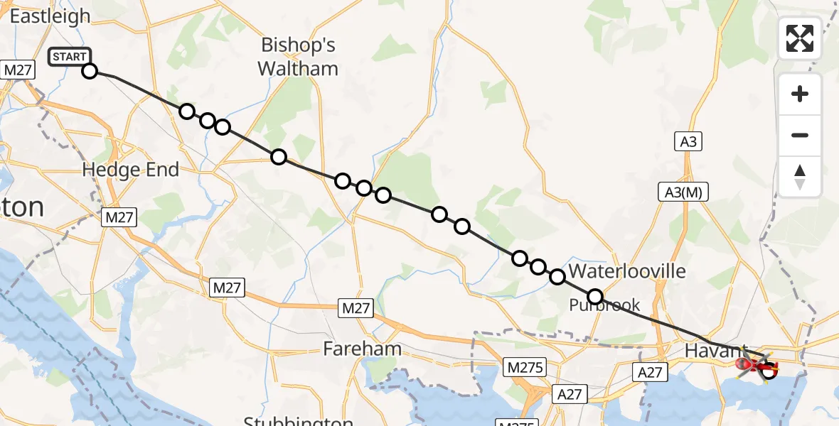 Flight route Air Ambulance Helicopter Southampton Airport - Havant, 09 May 2026, 11:32