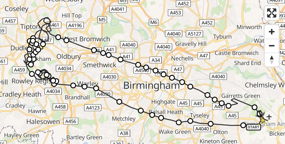 Flight route Police Helicopter Solihull - Birmingham Airport, 09 May 2026, 11:43