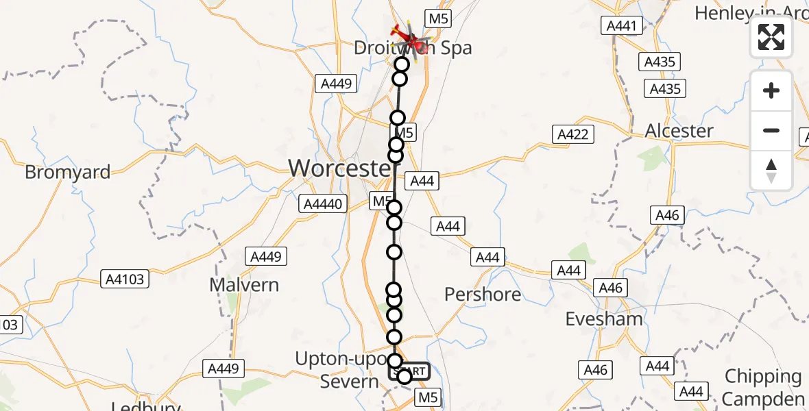 Flight route Air Ambulance Helicopter Upper Strensham - Droitwich Spa, 09 May 2026, 11:51