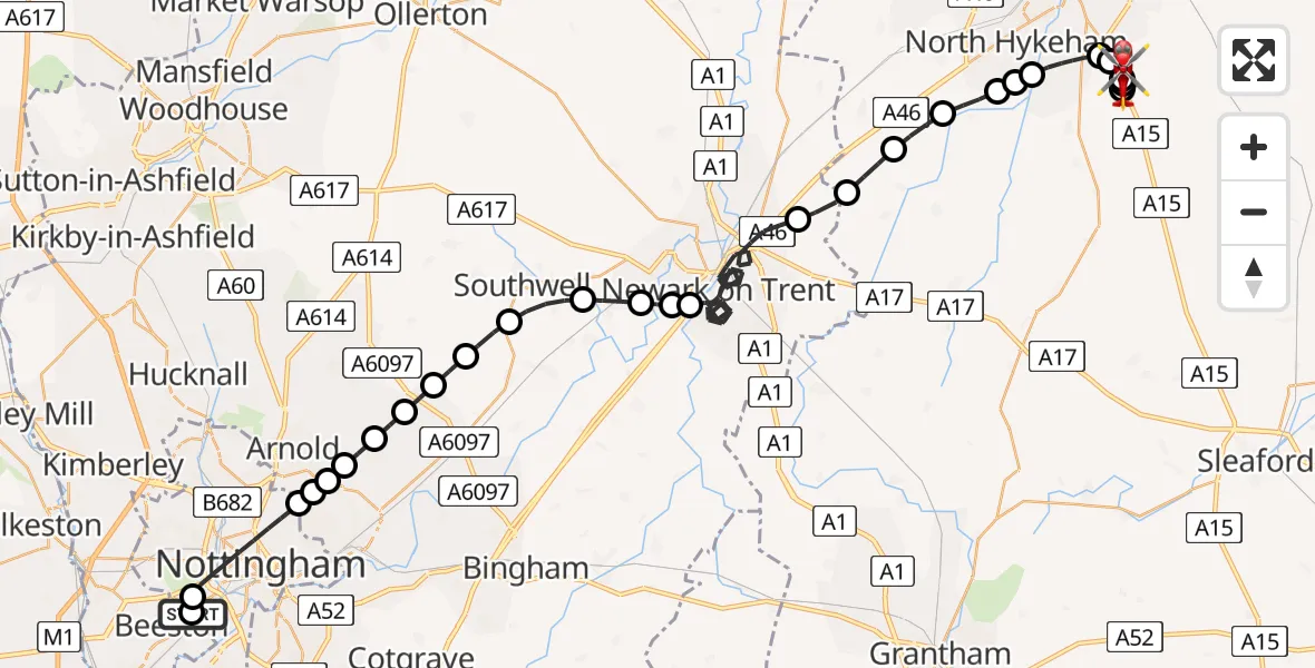 Flight route Air Ambulance Helicopter City of Nottingham - North Kesteven, 09 May 2026, 12:06