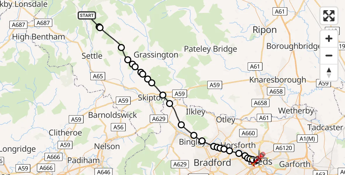 Flight route Air Ambulance Helicopter Horton in Ribblesdale - Hyde Park, 09 May 2026, 12:11
