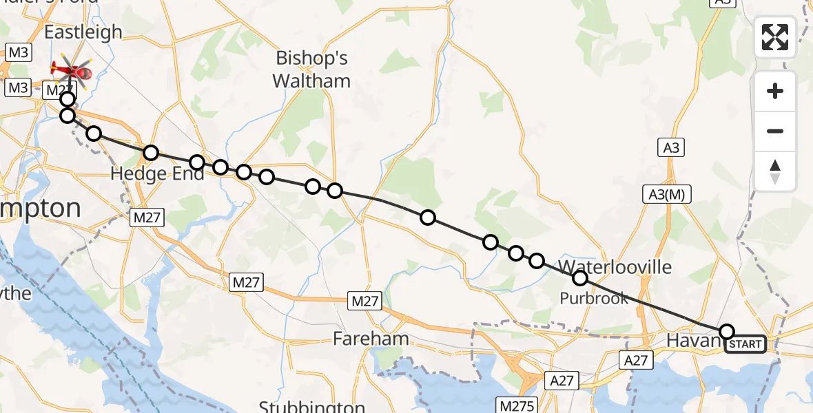 Flight route Air Ambulance Helicopter Emsworth - Eastleigh, 09 May 2026, 12:17