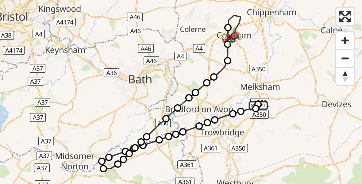 Flight route Air Ambulance Helicopter Wiltshire Air Ambulance - Corsham, 09 May 2026, 12:19