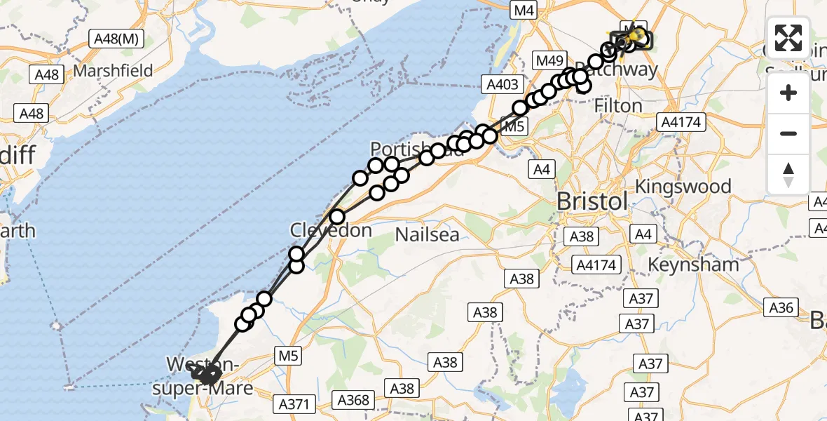 Flight route Police Helicopter Almondsbury Helicopter Base - Almondsbury Helicopter Base, 09 May 2026, 12:19