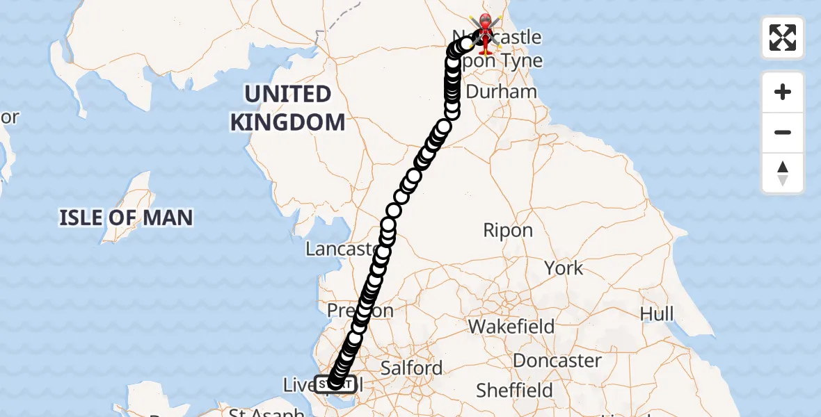 Flight route Air Ambulance Helicopter Knotty Ash - Newcastle International Airport, 09 May 2026, 12:30